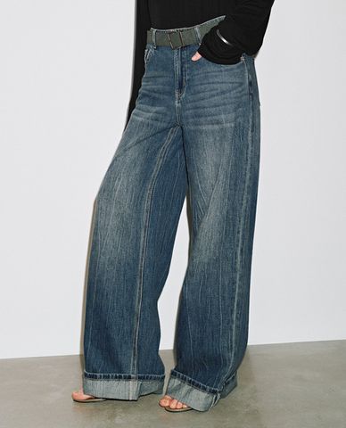  URBAN REVIVO - Quần jeans nữ ống rộng xắn gấu 