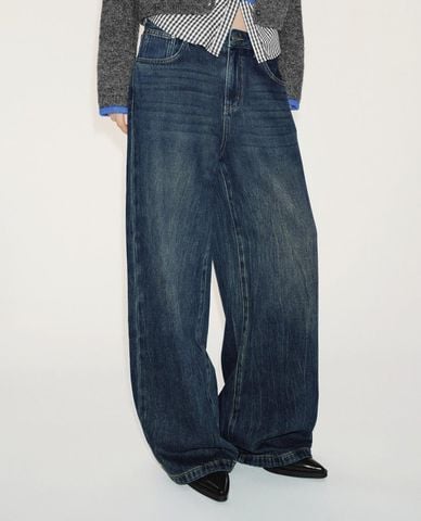  URBAN REVIVO - Quần jeans nữ ống rộng wash bạc 