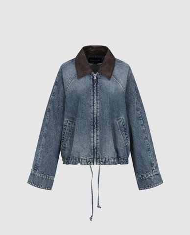  URBAN REVIVO - Áo khoác denim nữ cổ da phối dây rút 