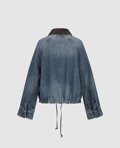  URBAN REVIVO - Áo khoác denim nữ cổ da phối dây rút 