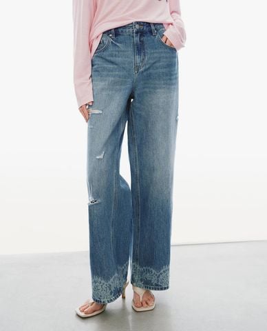  URBAN REVIVO - Quần jeans nữ ống rộng viền ren 