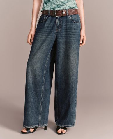  URBAN REVIVO - Quần jeans nữ ống rộng phối thắt lưng 