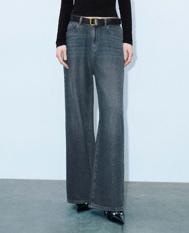  URBAN REVIVO - Quần jeans nữ ống rộng kèm thắt lưng 
