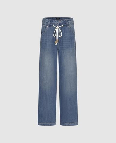  URBAN REVIVO - Quần jeans nữ ống rộng phối dây rút 