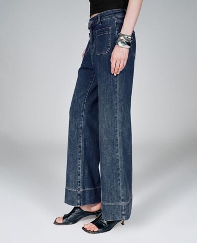  URBAN REVIVO - Quần jeans nữ ống loe wash bạc phối túi 
