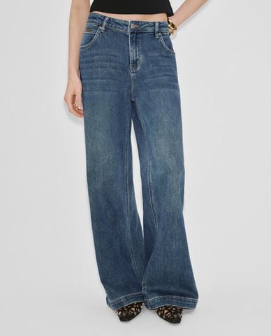  URBAN REVIVO - Quần jeans nữ ống rộng wash bạc 