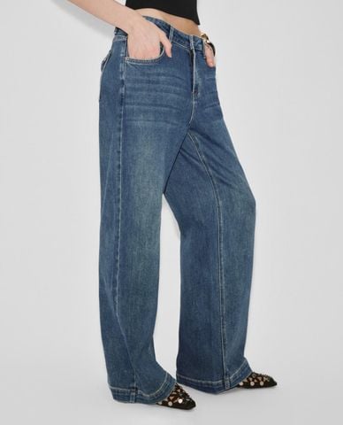  URBAN REVIVO - Quần jeans nữ ống rộng wash bạc 