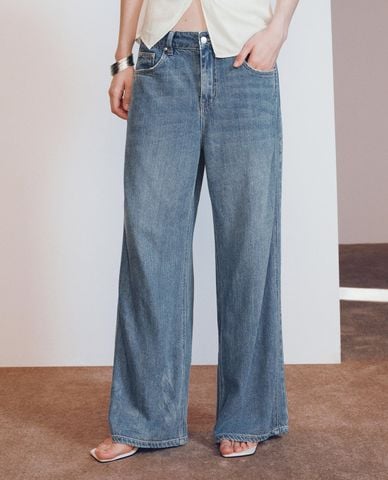  URBAN REVIVO - Quần jeans nữ ống rộng wash bạc 