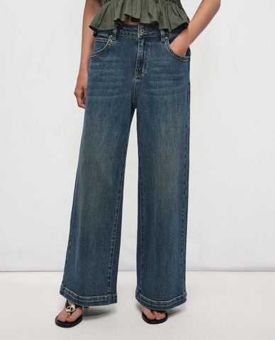  URBAN REVIVO - Quần jeans nữ ống rộng wash bạc 
