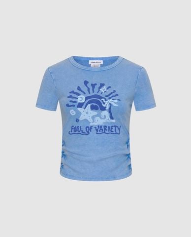  URBAN REVIVO - Áo croptop nữ cổ tròn tay ngắn nhún eo 