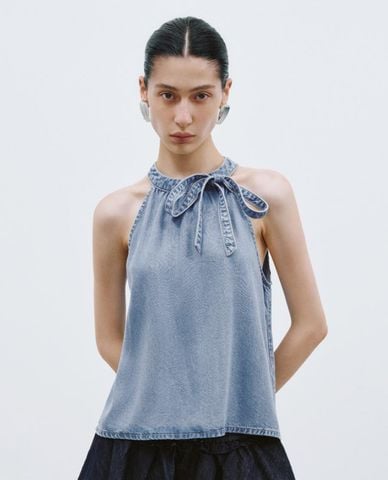  URBAN REVIVO - Áo kiểu nữ cổ yếm phối nơ 