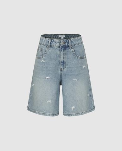  URBAN REVIVO - Quần short jeans nữ wash bạc đính nơ 