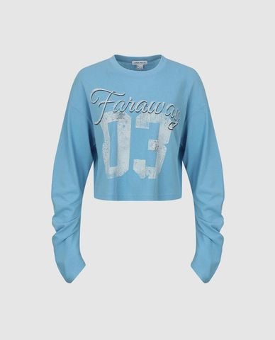  URBAN REVIVO - Áo croptop nữ cổ tròn tay dài in họa tiết 