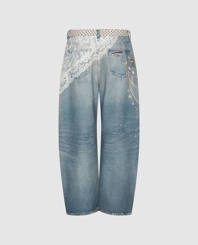  URBAN REVIVO - Quần jeans nữ ống rộng phối phụ kiện 