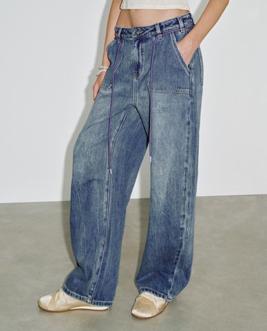  URBAN REVIVO - Quần jeans nữ ống rộng phối dây rút 