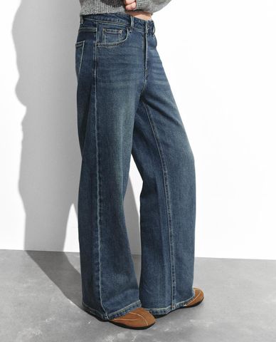  URBAN REVIVO - Quần jeans nữ ống rộng wash bạc 