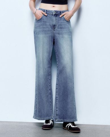  URBAN REVIVO - Quần jeans nữ ống rộng wash bạc 