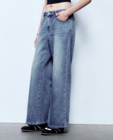  URBAN REVIVO - Quần jeans nữ ống rộng wash bạc 