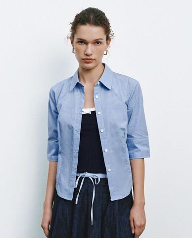  URBAN REVIVO - Áo sơ mi nữ cổ bẻ tay lửng phối caro 