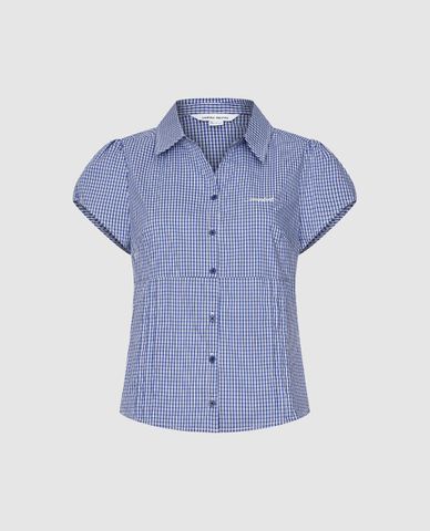  URBAN REVIVO - Áo sơ mi nữ cổ bẻ tay ngắn phối sọc 