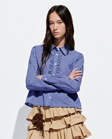  URBAN REVIVO - Áo sơ mi nữ tay dài phối bèo nhún 