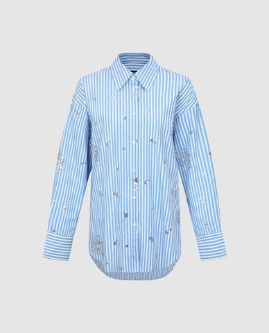  URBAN REVIVO - Áo sơ mi nữ cổ bẻ tay dài kẻ sọc đính sequin 