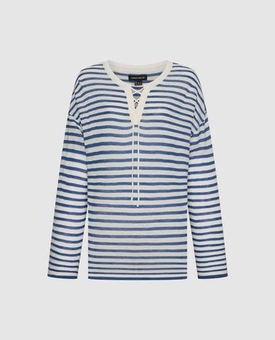  URBAN REVIVO - Áo dệt kim nữ tay dài kẻ sọc phối dây đan 