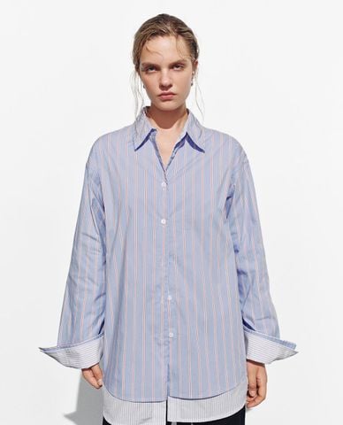  URBAN REVIVO - Áo sơ mi nữ cổ bẻ tay dài kẻ sọc 