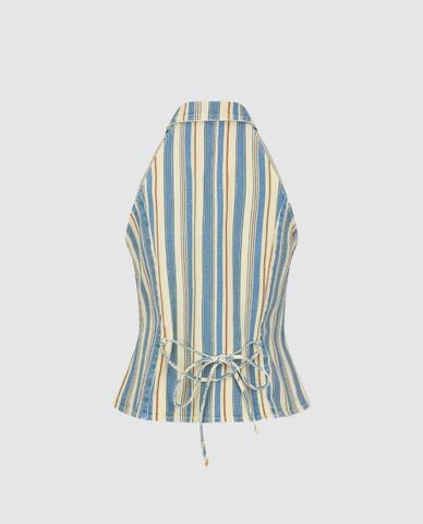  URBAN REVIVO - Áo sát nách nữ cổ bẻ kẻ sọc 