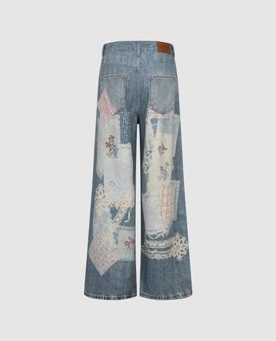  URBAN REVIVO - Quần jeans nữ ống rộng phối họa tiết 