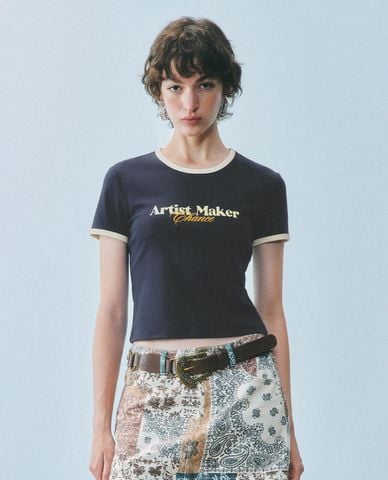  URBAN REVIVO - Áo thun nữ cổ tròn tay ngắn phối viền 