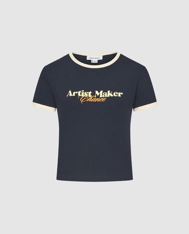  URBAN REVIVO - Áo thun nữ cổ tròn tay ngắn phối viền 