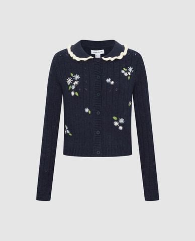  URBAN REVIVO - Áo khoác cardigan nữ cổ tròn tay dài thêu hoa 
