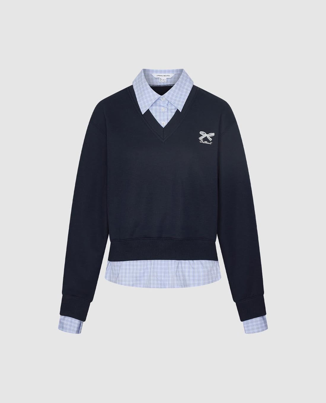 URBAN REVIVO - Áo sweatshirt nữ tay dài phối sơ mi kẻ sọc