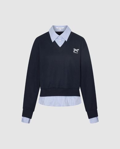  URBAN REVIVO - Áo sweatshirt nữ tay dài phối sơ mi kẻ sọc 