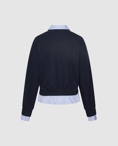  URBAN REVIVO - Áo sweatshirt nữ tay dài phối sơ mi kẻ sọc 