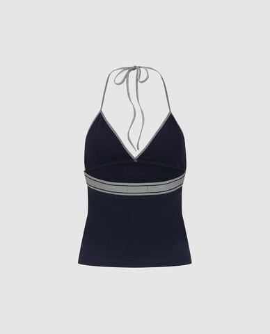  URBAN REVIVO - Áo kiểu nữ cổ yếm phối viền 