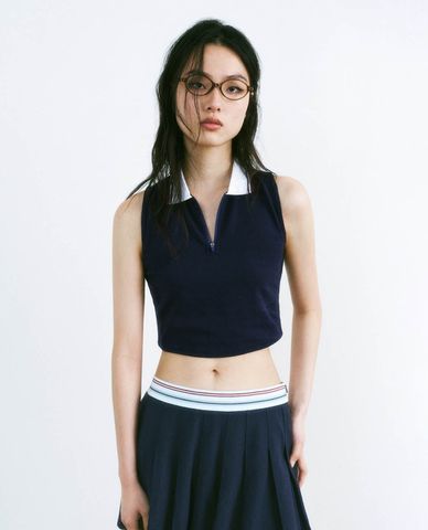  URBAN REVIVO - Áo sát nách nữ cổ bẻ phối zip 