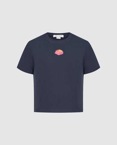  URBAN REVIVO - Áo croptop nữ cổ tròn tay ngắn in họa tiết 