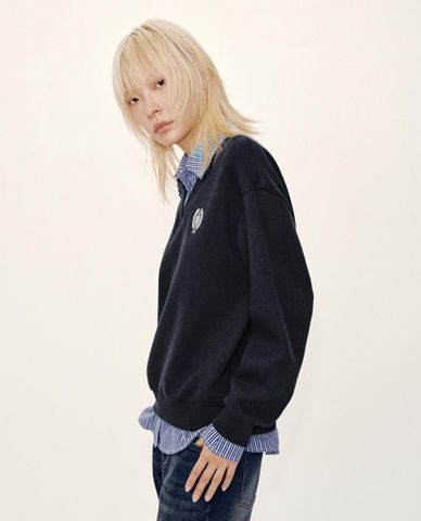  URBAN REVIVO - Áo sweatshirt nữ layer cổ sơ mi kẻ sọc 
