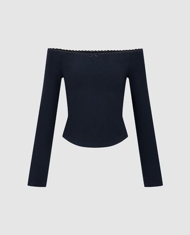  URBAN REVIVO - Áo trễ vai nữ tay dài phom ôm phối nơ 