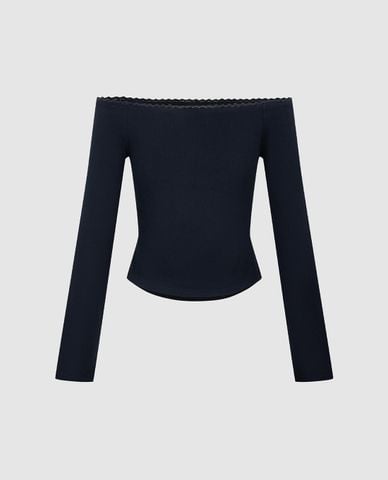  URBAN REVIVO - Áo trễ vai nữ tay dài phom ôm phối nơ 