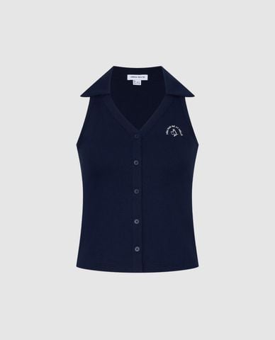  URBAN REVIVO - Áo sát nách nữ dệt kim cổ bẻ phối họa tiết 