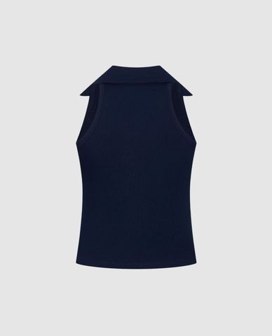  URBAN REVIVO - Áo sát nách nữ dệt kim cổ bẻ phối họa tiết 