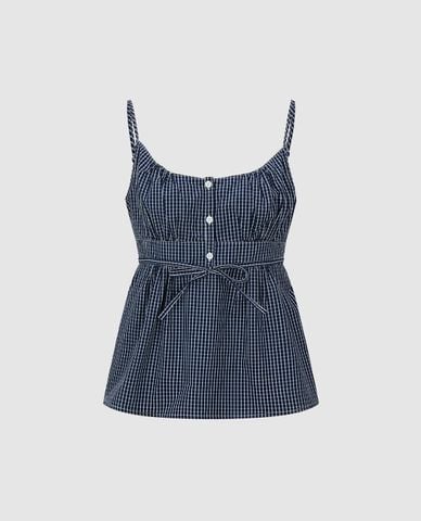  URBAN REVIVO - Áo hai dây nữ cổ vuông kẻ caro 