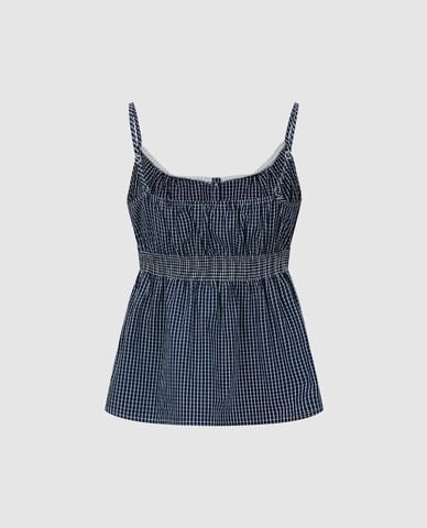  URBAN REVIVO - Áo hai dây nữ cổ vuông kẻ caro 