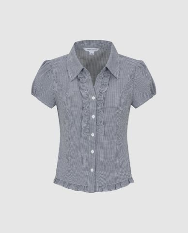  URBAN REVIVO - Áo sơ mi nữ cổ bẻ tay phồng phối bèo 