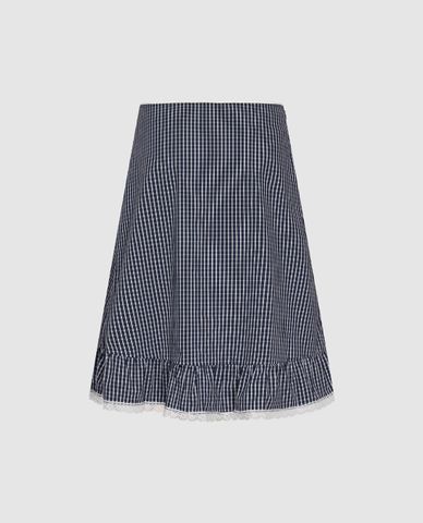  URBAN REVIVO - Chân váy chữ A midi kẻ caro phối bèo 