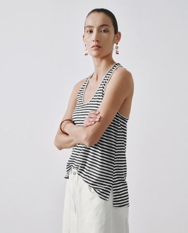  URBAN REVIVO - Áo ba lỗ nữ cổ tròn xoắn lưng kẻ sọc 