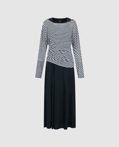  URBAN REVIVO - Đầm maxi tay dài kẻ sọc nhún eo 